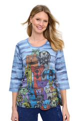 Et'Lois FB31401078 DENIM Cat Dog 3/4 Sleeve Crew Neck Honey Top