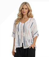 Transparente 6653SWT WHITE 100% Linen One Size Stripe Split Tunic