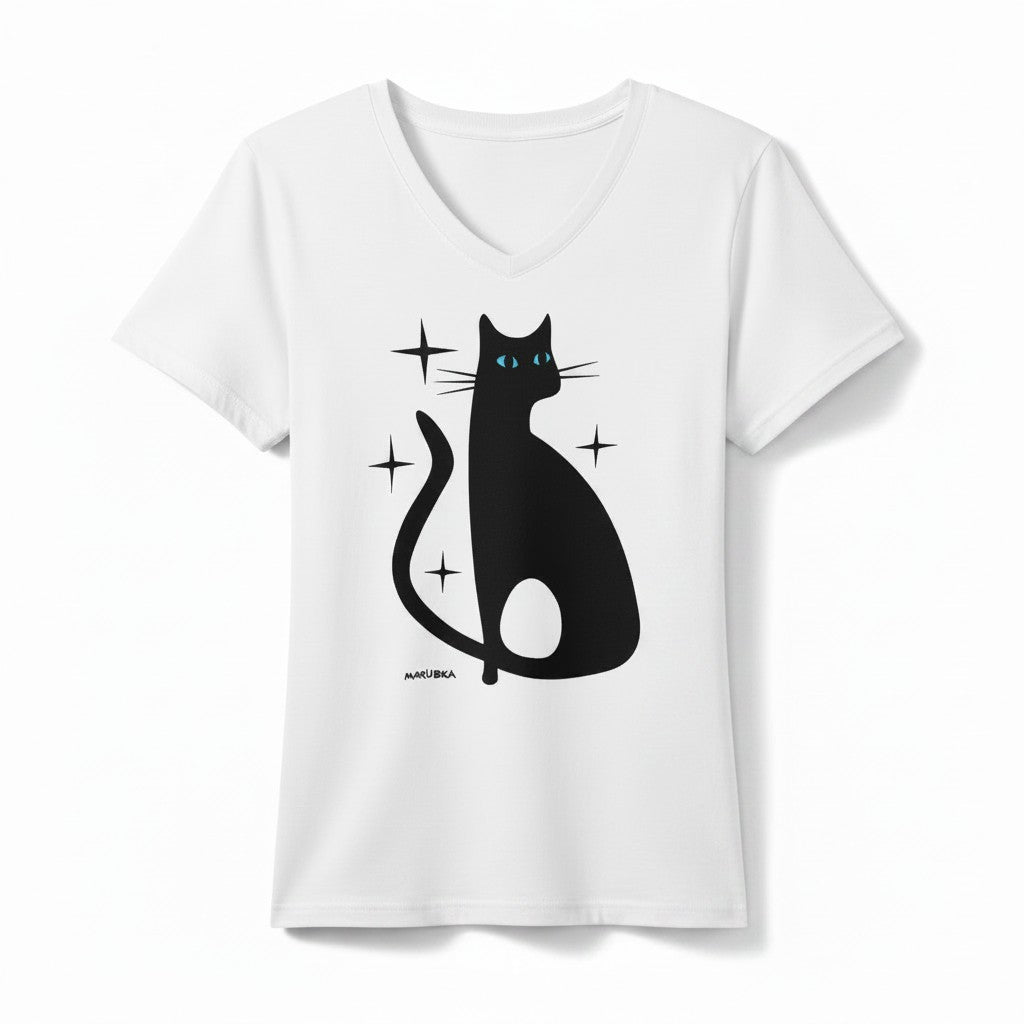 Marüshka RVN01MCATO3 MOD CAT Black on White Relaxed V Neck T-Shirt