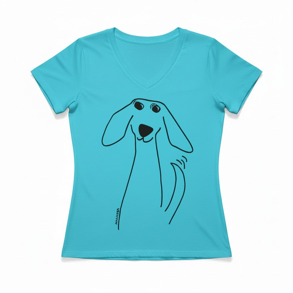 Marüshka RVNBTTW TAIL WAGGER Black On Turquoise Relaxed V Neck Short Sleeve T-Shirt