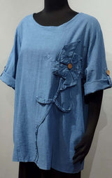 Transparente 91816BU Blue 100% Linen One Size Flower Top