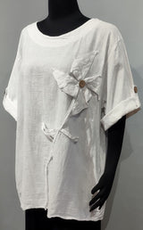 Transparente 91816W White 100% Linen One Size Flower Top