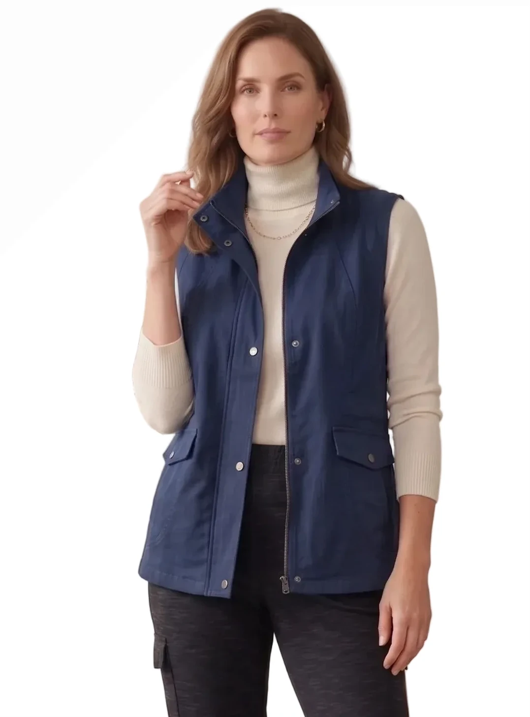 Wild Palms D44IN INDIGO Women’s Stretch Denim Zip & Snap Front Cargo Vest