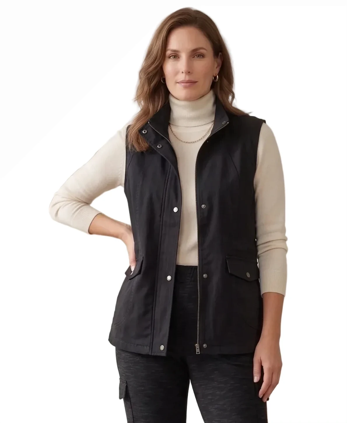 Wild Palms D44BK BLACK Women’s Stretch Denim Zip & Snap Front Cargo Vest