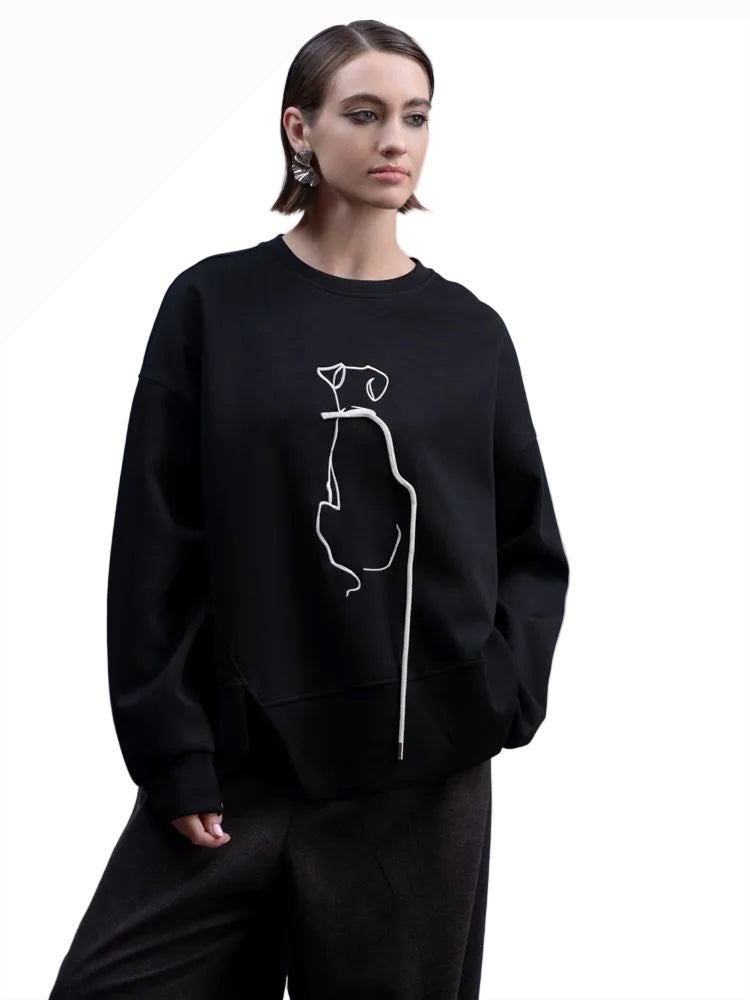 HAAKŌ H2002BK BLACK Dog & Leash Long Sleeve Boat Neck Drop Shoulder Sweatshirt