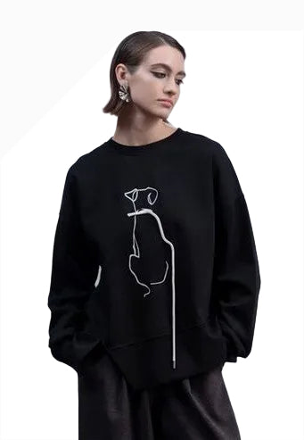 HAAKŌ H2002BK BLACK Dog & Leash Long Sleeve Boat Neck Drop Shoulder Sweatshirt