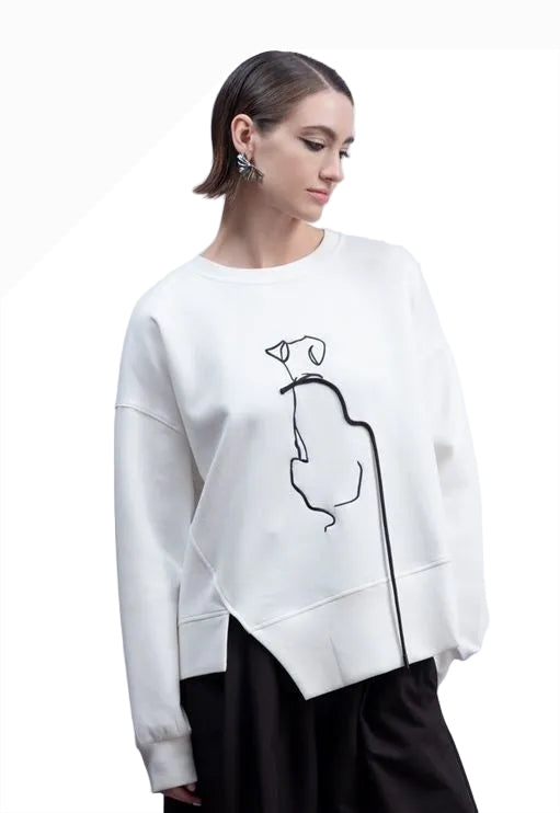 HAAKŌ H2002WT WHITE Dog & Leash Long Sleeve Boat Neck Drop Shoulder Sweatshirt