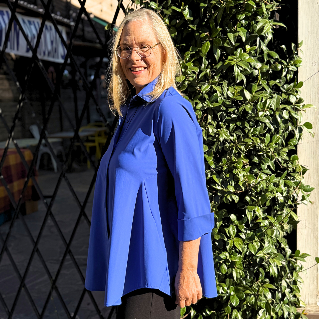 IC Collection 3778BBU Blue Prada Button Front Swing Blouse