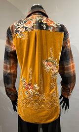 Paparazzi 3587-MAT Rust Plaid Cotton And Velvet Button Front Shirt