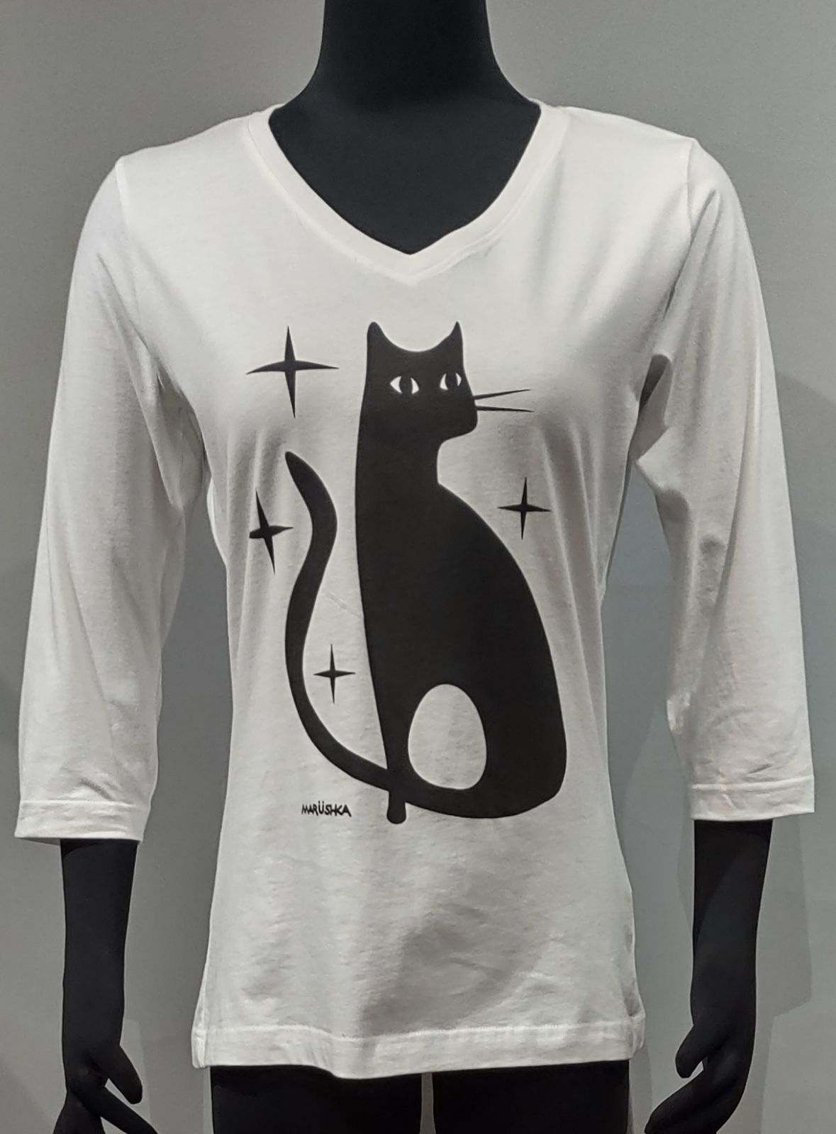 Marüshka MCBW MOD CAT Black On White 3/4 Sleeve V-Neck T-Shirt