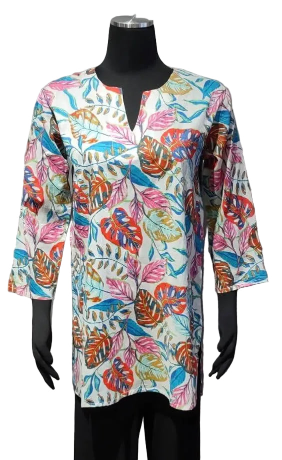Kikisol 172WS WHITE SANIBEL Split Neck 3/4 Sleeve Printed Tunic