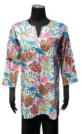 Kikisol 172WS WHITE SANIBEL Split Neck 3/4 Sleeve Printed Tunic