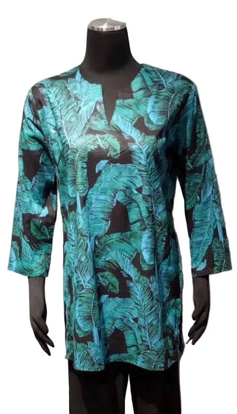 Kikisol 108BP BLACK PALM Split Neck 3/4 Sleeve Printed Tunic