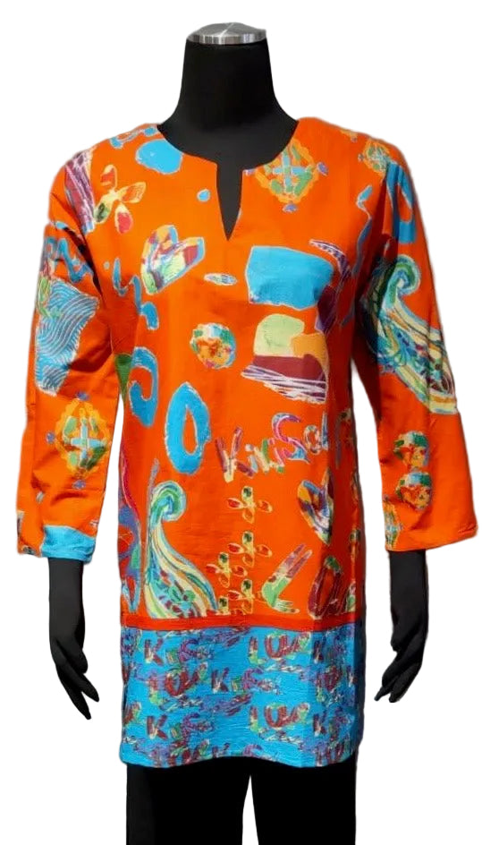 Kikisol 142OL ORANGE LOVE Split Neck 3/4 Sleeve Printed Tunic