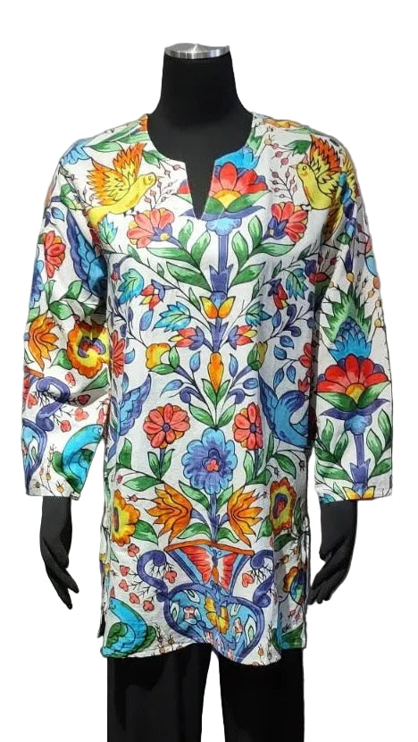 Kikisol 131WG WHITE GARDEN Split Neck 3/4 Sleeve Printed Tunic