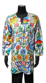 Kikisol 131WG WHITE GARDEN Split Neck 3/4 Sleeve Printed Tunic