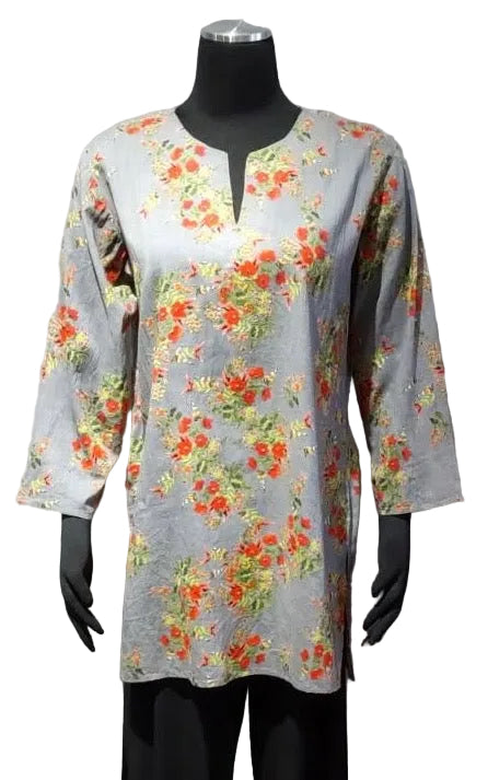 Kikisol 174GP GRAY PROVENCE Split Neck 3/4 Sleeve Printed Tunic