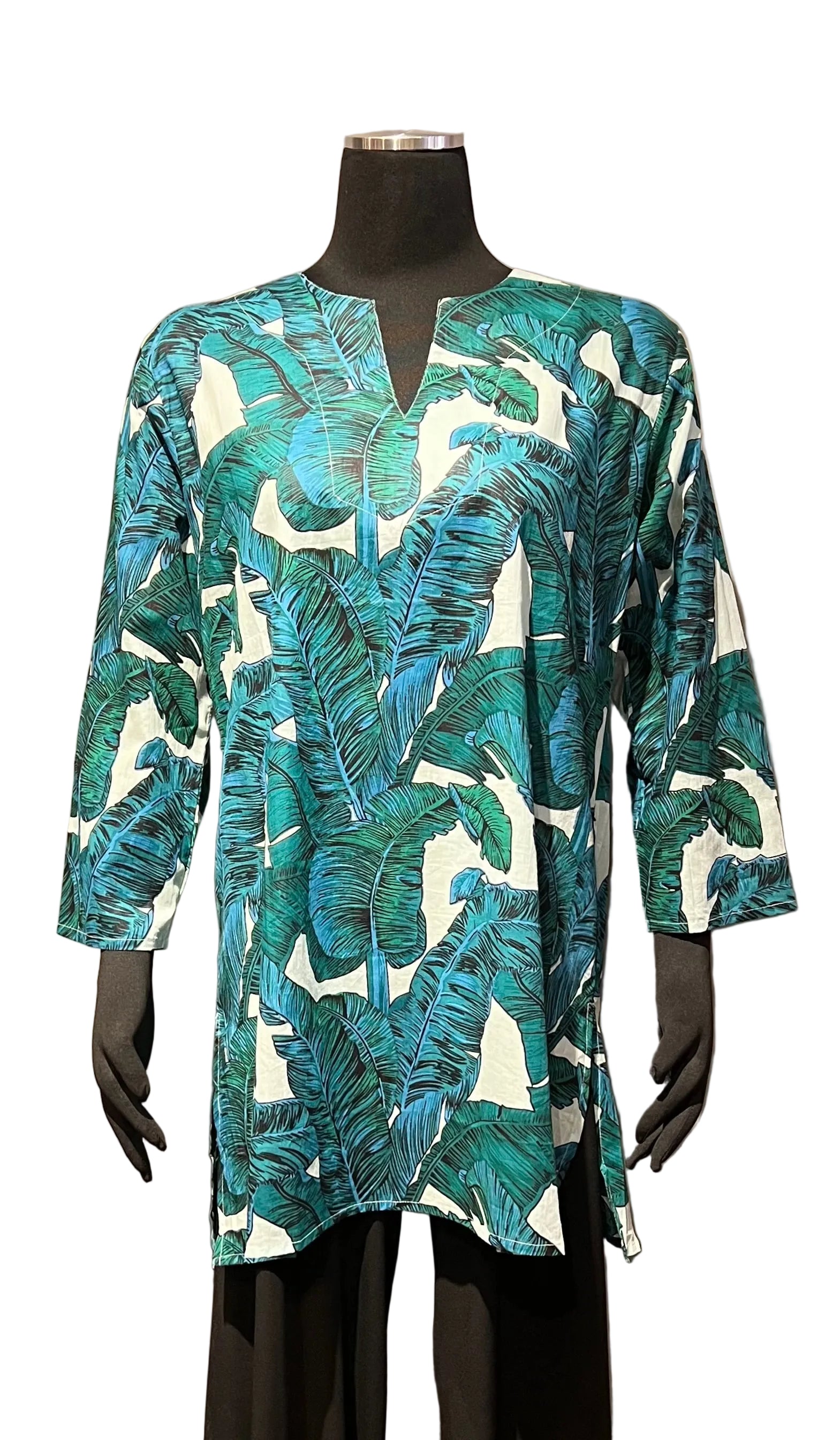 Kikisol 122TWP WHITE PALM Split Neck 3/4 Sleeve Printed Tunic