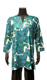 Kikisol 122TWP WHITE PALM Split Neck 3/4 Sleeve Printed Tunic