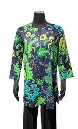 Kikisol 147NG NAVY GREENS Split Neck 3/4 Sleeve Printed Tunic
