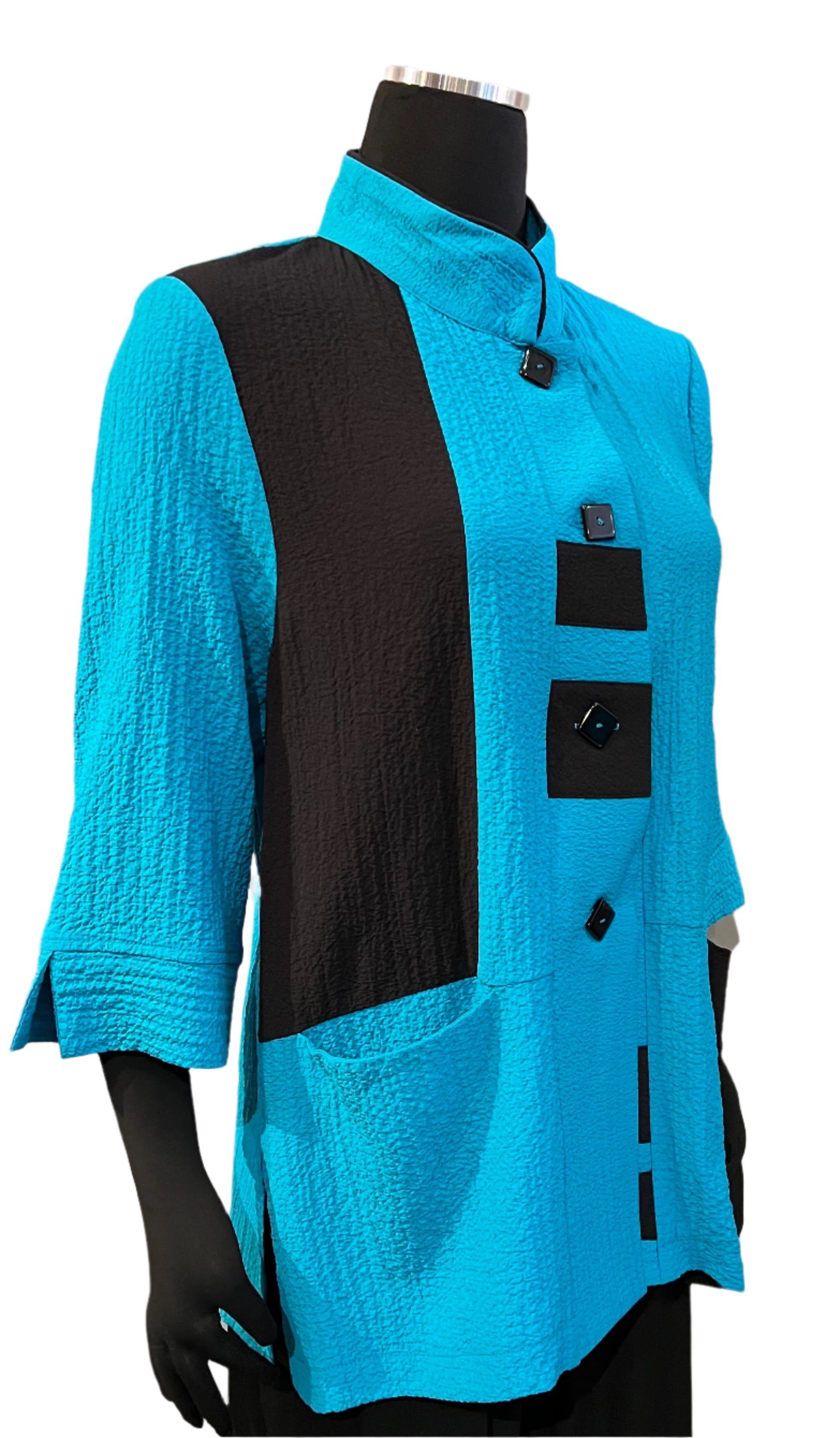 Moonlight 2314TB Turquoise and Black Button Front Top With Pockets