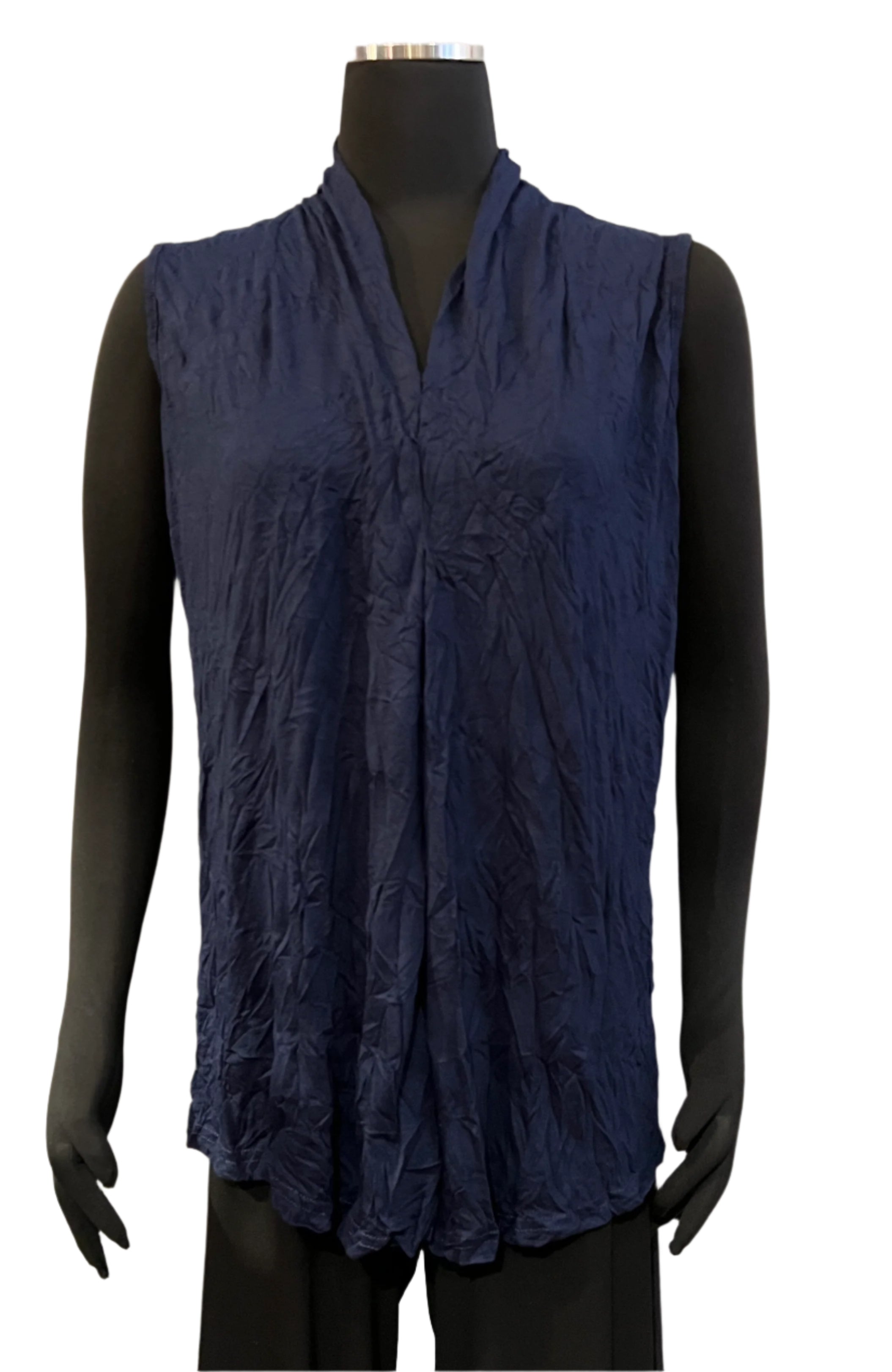 Shana 21109N Navy Crinkle Basic Pleated Tank Top
