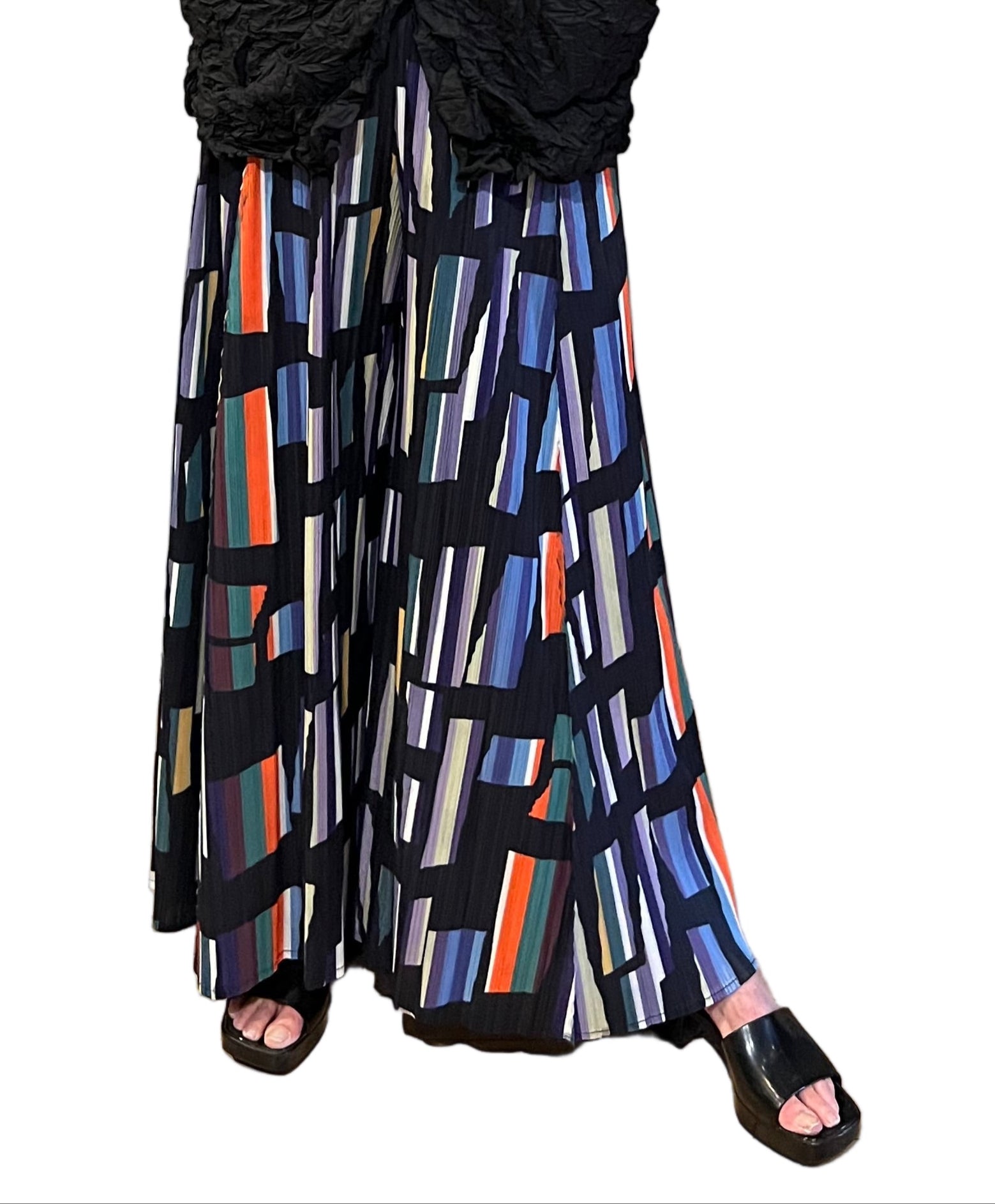 Vanité Couture 24607BK Black One Size Pull-On Pants With Multicolor Vertical Stripe Print