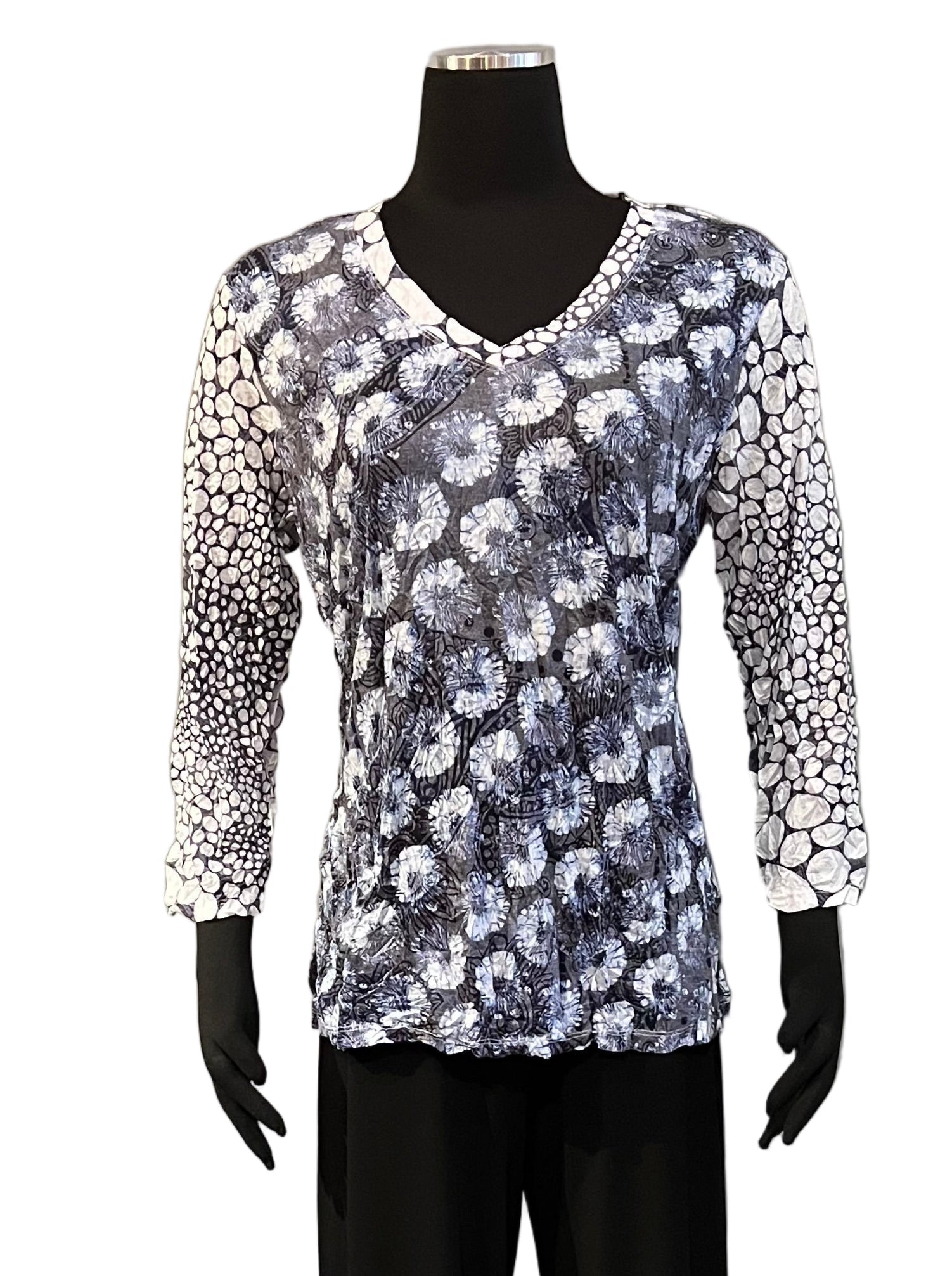 Shana 25603NV Navy and White Floral Mixed Pattern Crinkle Long Sleeve V-Neck Top