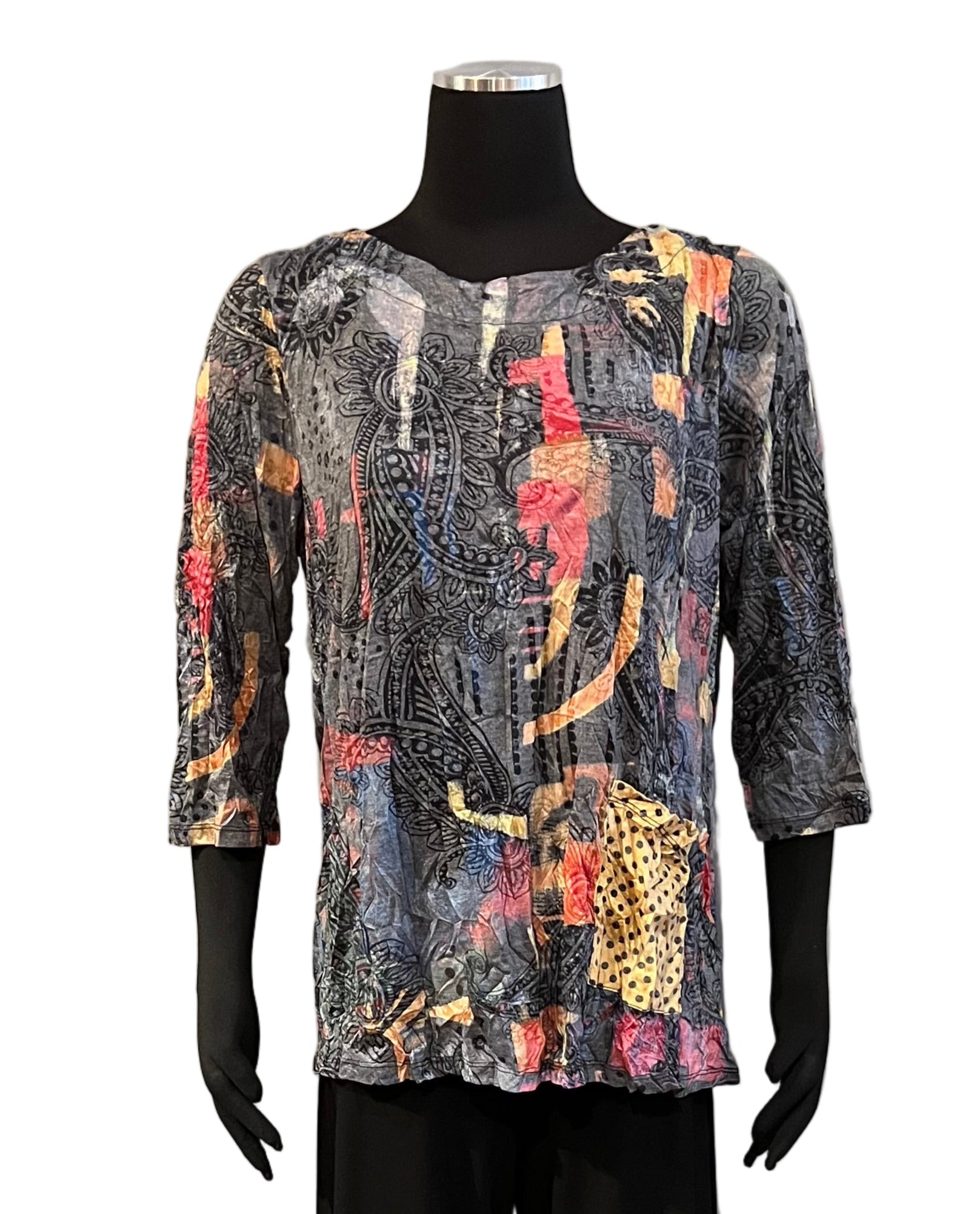 Shana 25606MU Multicolor 3/4 Sleeve Round Neck Crinkle Dot Pocket Top