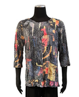 Shana 25606MU Multicolor 3/4 Sleeve Round Neck Crinkle Dot Pocket Top