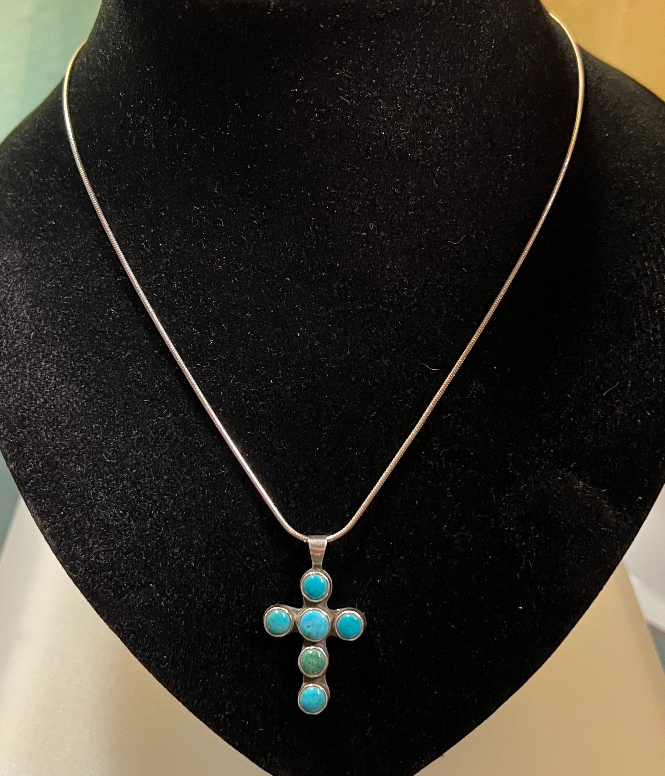 Randall Pipkorn R20 Handmade Bisbee Turquoise and Sterling Silver Cross Necklace