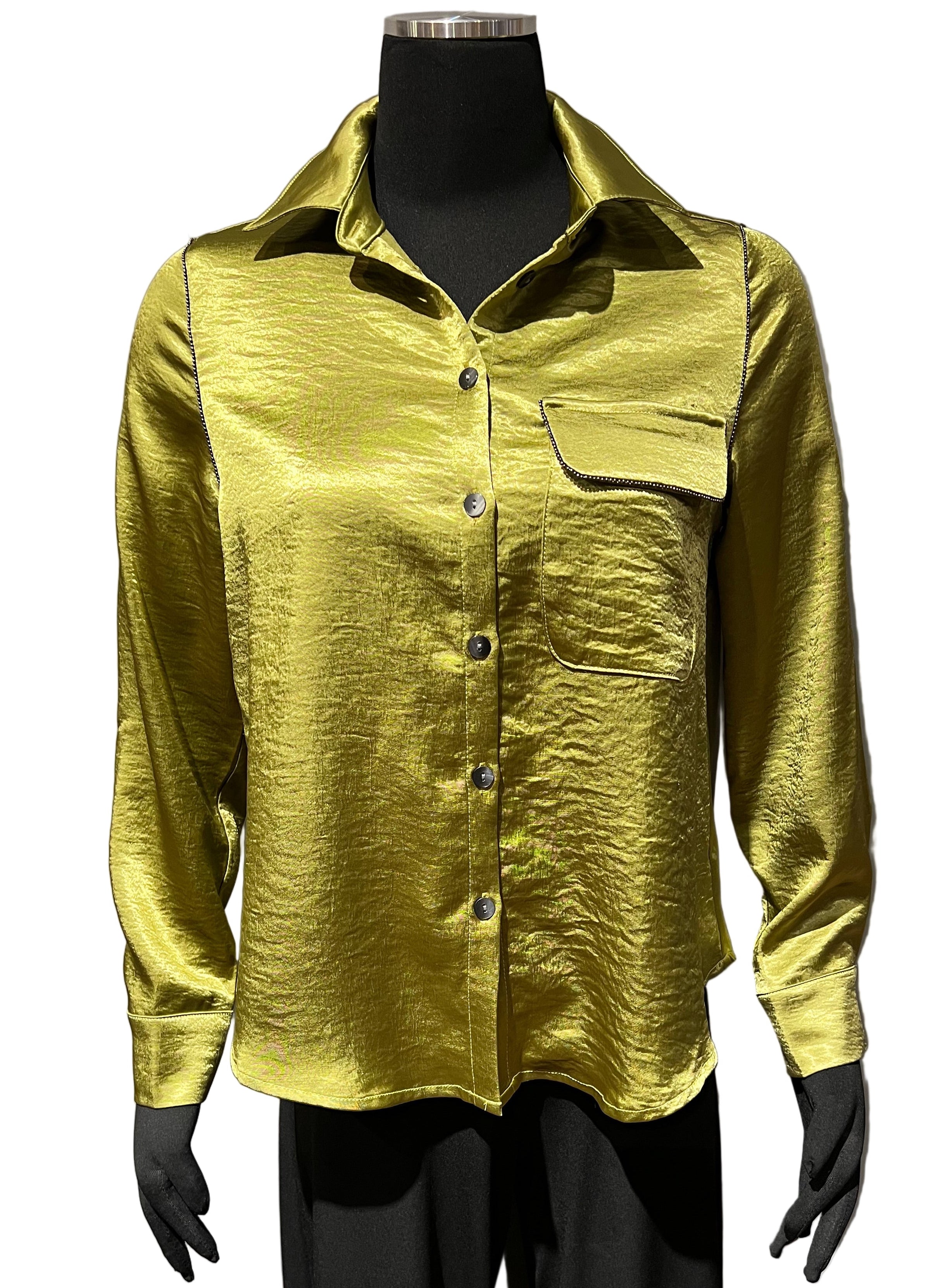 Terra T4625OV OLIVE Sateen Button Front Shirt With Delicate Beaded Trim