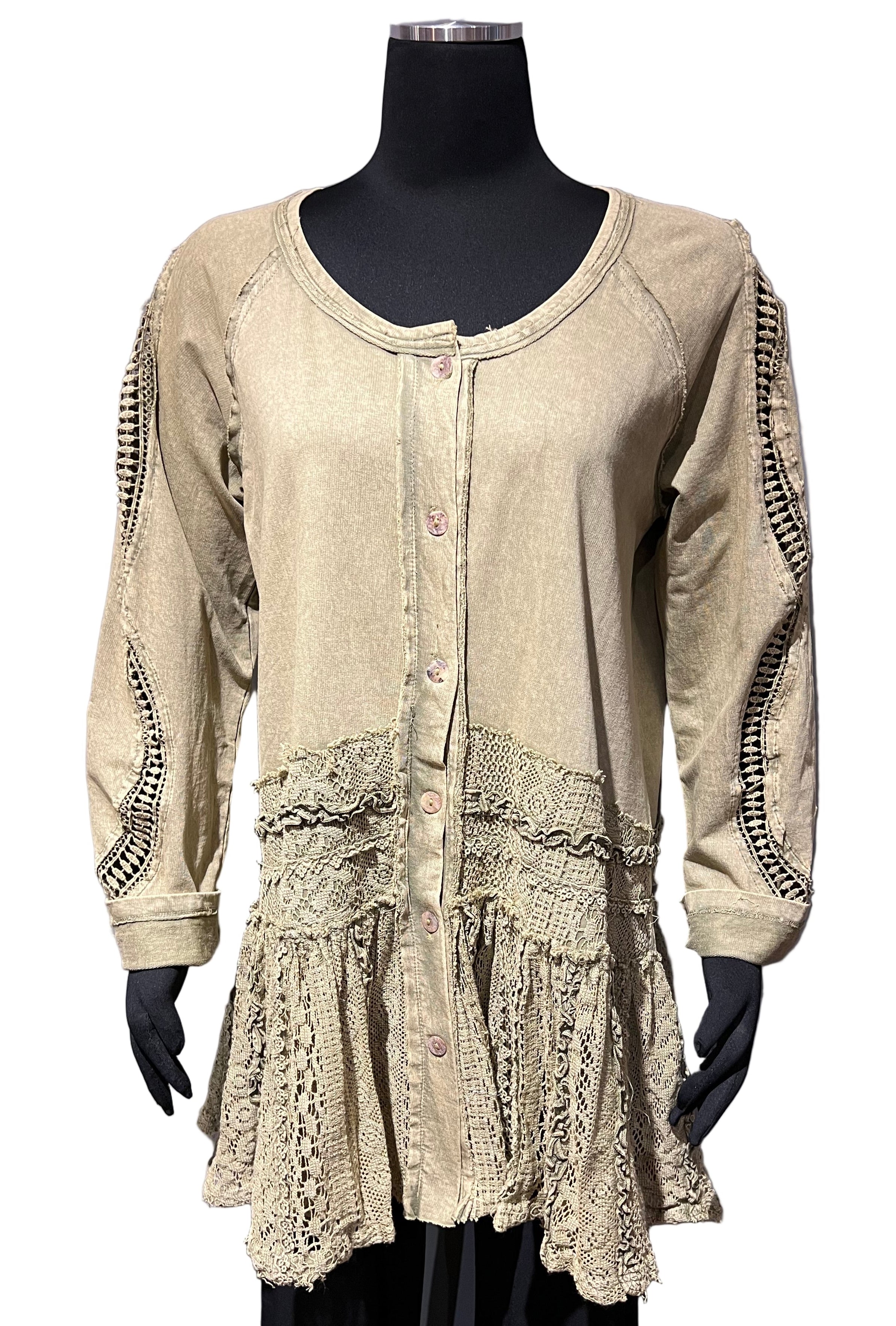 Paper Lace PLG214TG Light Green 100% Cotton and Lace Button Front Tunic Length Swing Blouse or Jacket