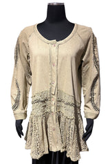 Paper Lace PLG214TG Light Green 100% Cotton and Lace Button Front Tunic Length Swing Blouse or Jacket
