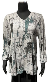 Shana 25703C Cat Printed V-Neck Long Sweater