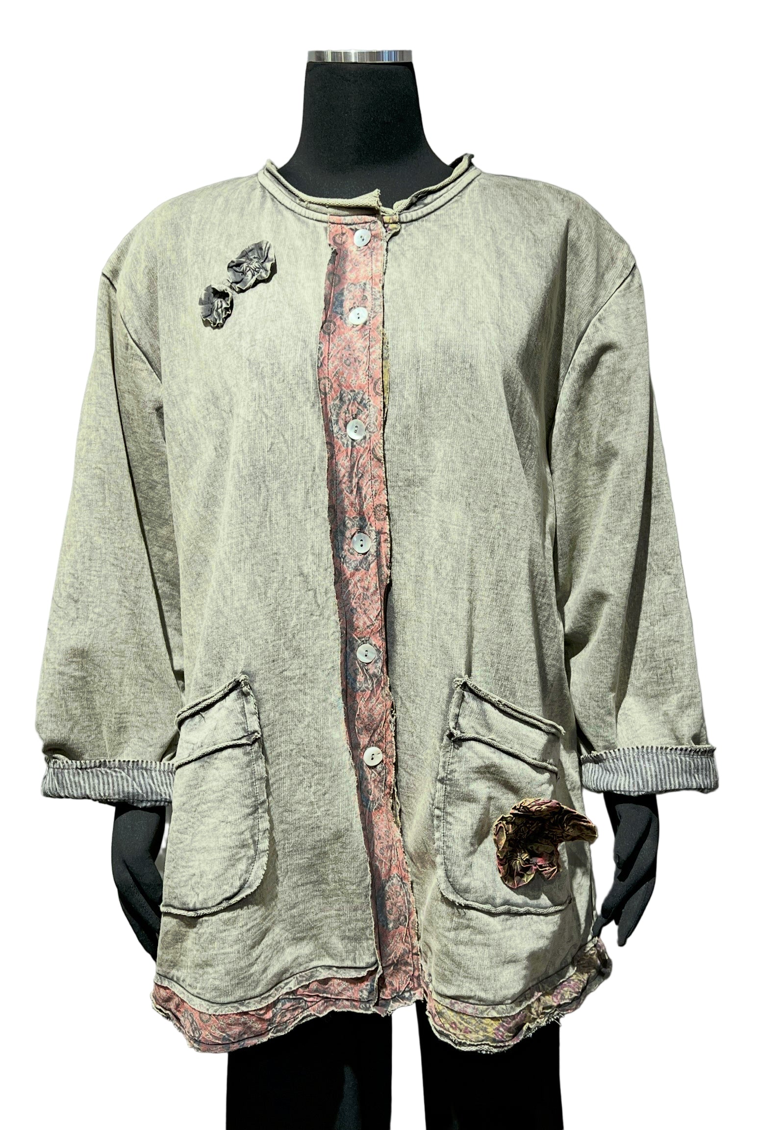 Paper Lace PL-C301J Sage/Grey One Size 100% Cotton Reversible Button Front Jacket With Pockets