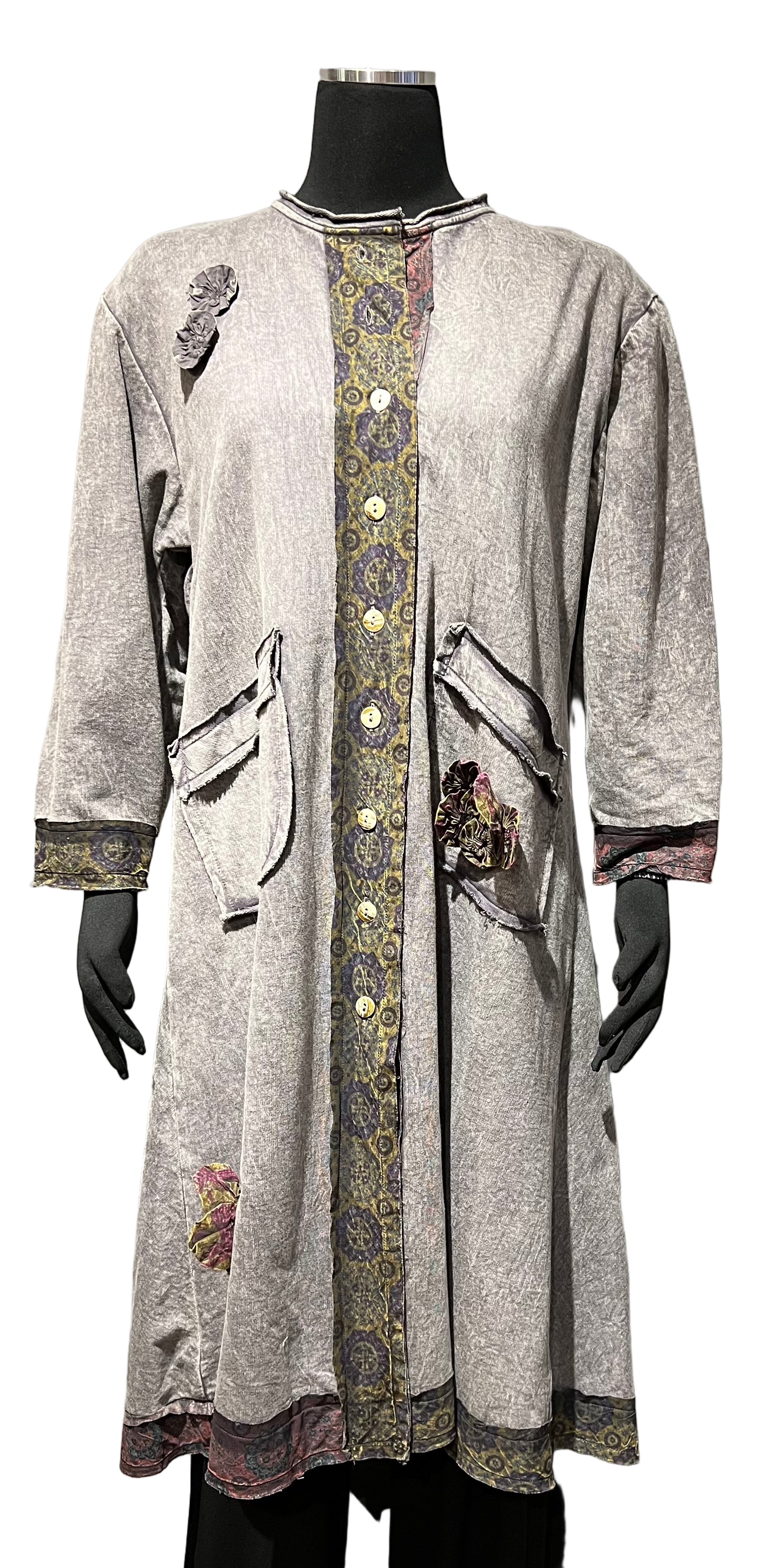 Paper Lace PL-C302J Grey One Size 100% Cotton Reversible Button Front Long Coat With Pockets