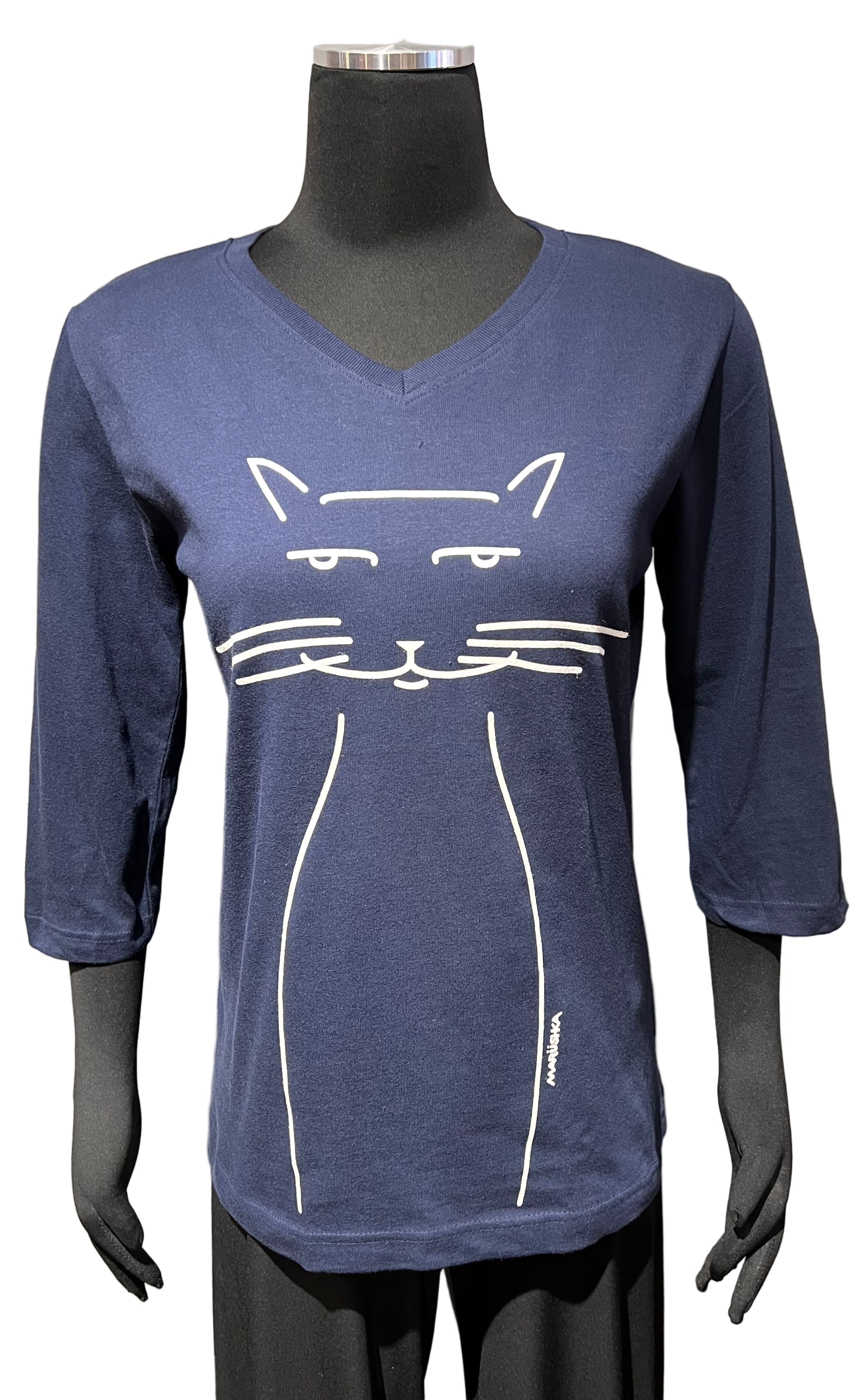 Marüshka WSK01NN WHISKERS Natural On Navy Relaxed V-Neck Short Sleeve T-Shirt