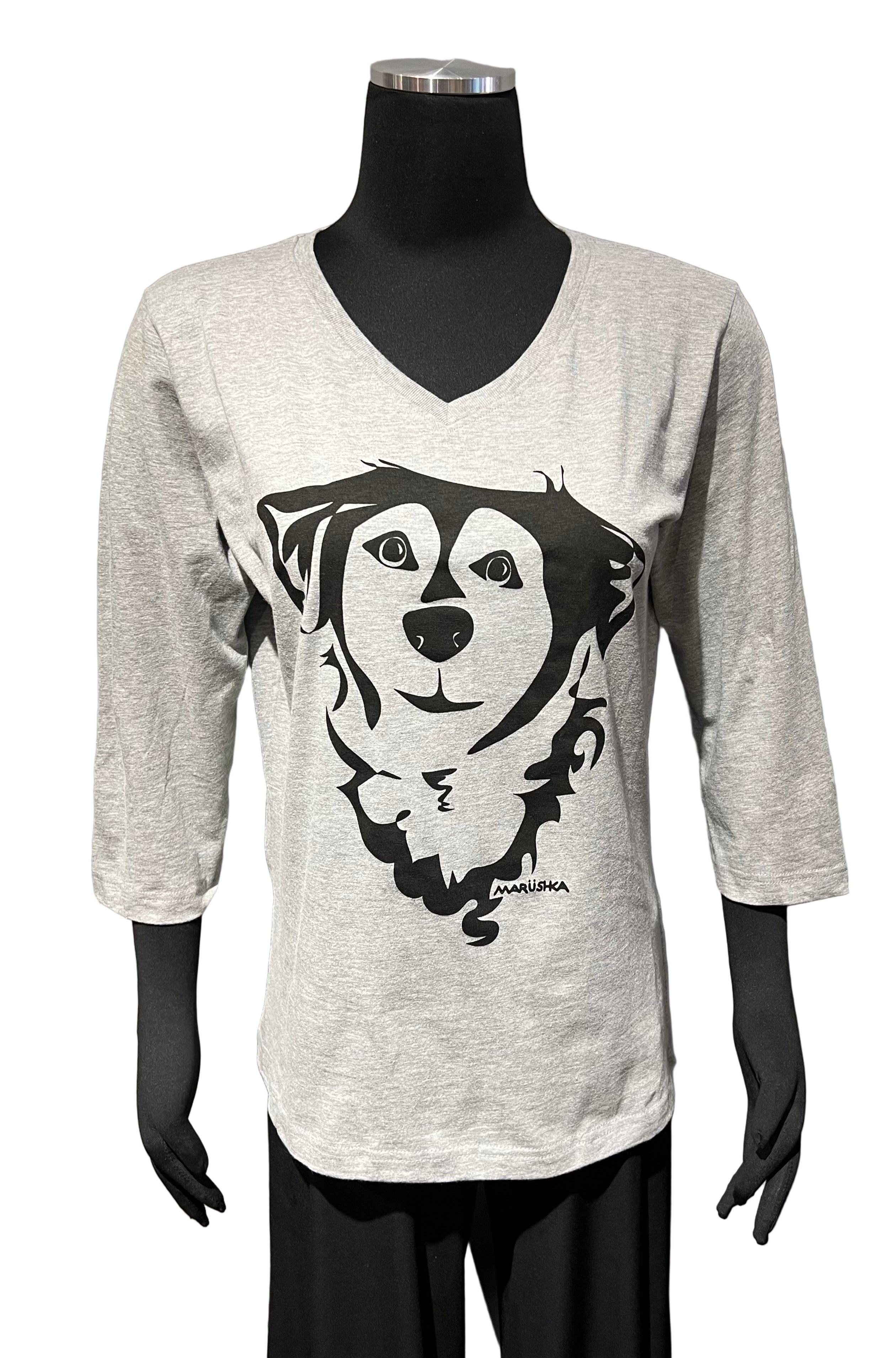 Marüshka BUDBG BUDDY Black on Grey 3/4 Sleeve V-Neck T-Shirt