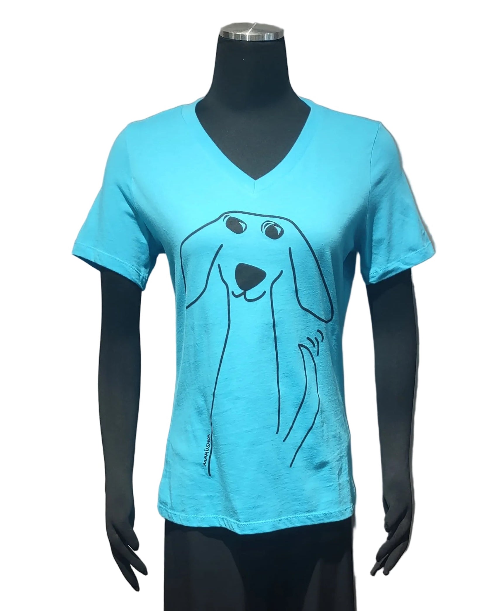 Marüshka RVNBTTW TAIL WAGGER Black On Turquoise Relaxed V Neck Short Sleeve T-Shirt