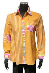 Shana 26317CO Coral Button Front Shirt With Solid and Stripe Color Panels