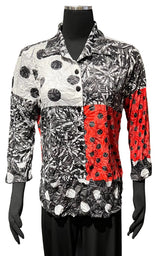 Shana 26022BK Black Polka Dot Crinkle 3/4 Sleeve Button Front Blouse