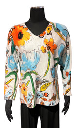 Shana 26151MU Multicolor Floral Print V-Neck 100% Cotton Long Sleeve Top