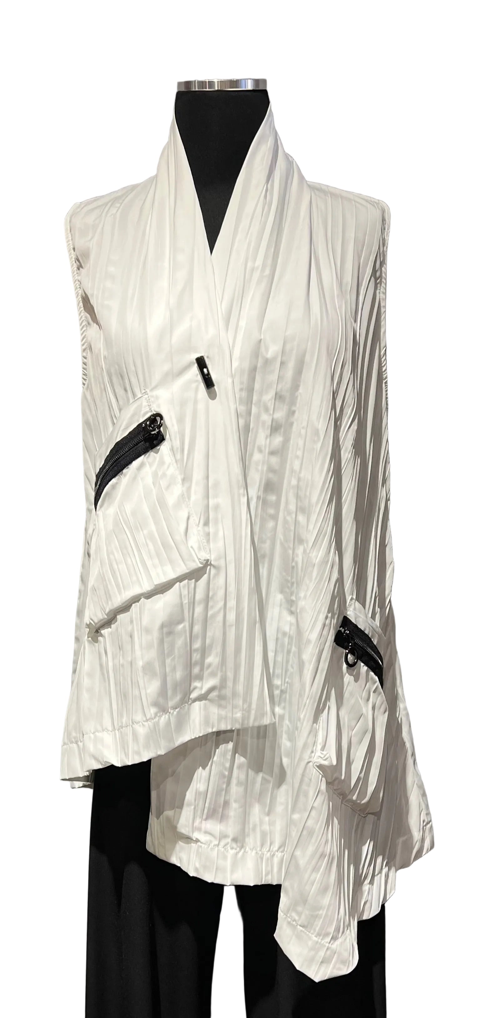 Moonlight WV2017WT White Asymmetric Hemline Crinkle Vest With Pockets