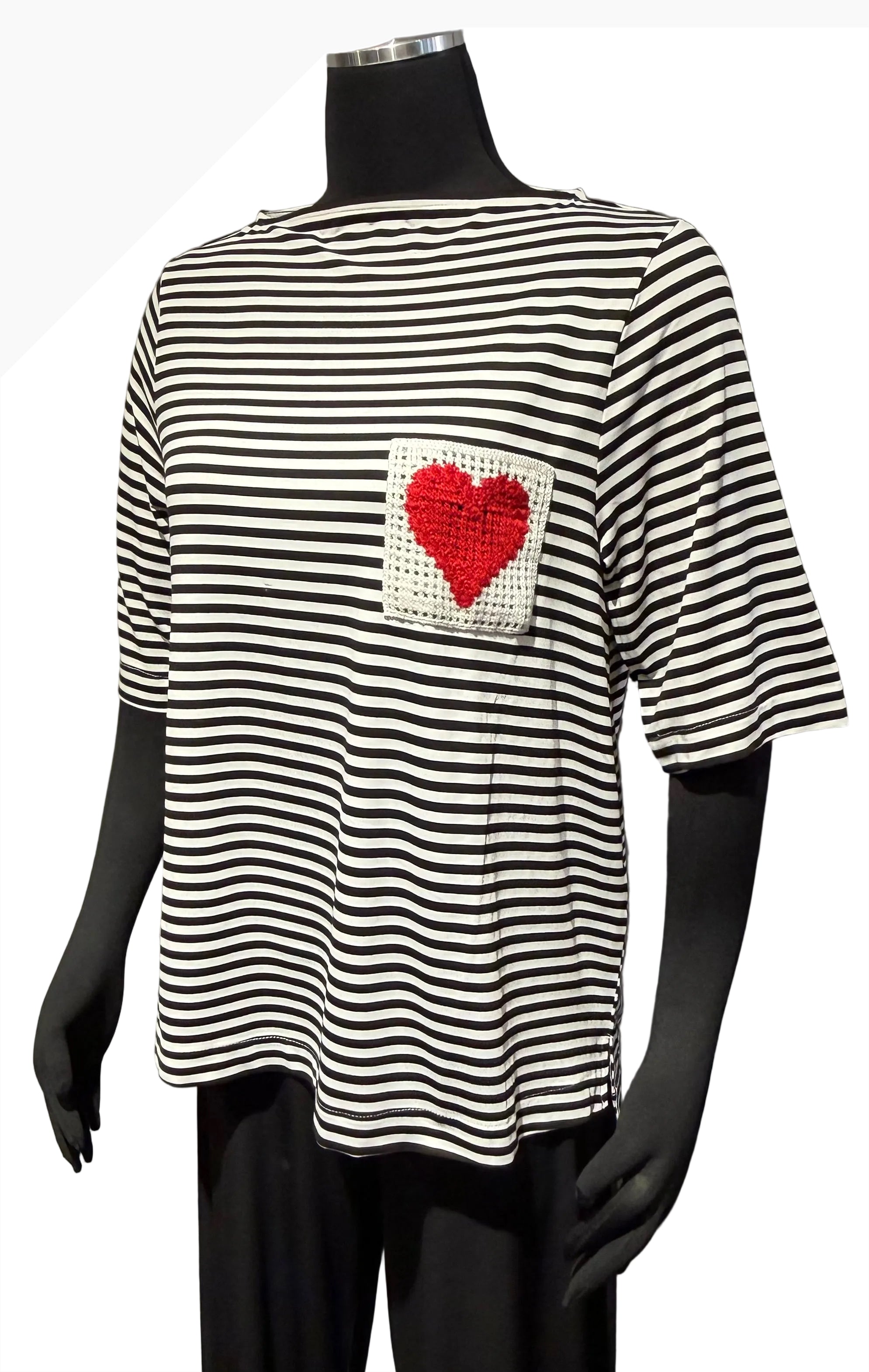 Terra T5608HT HEART Black and White Striped 3/4 sleeve Top With Knit Heart Appliqué