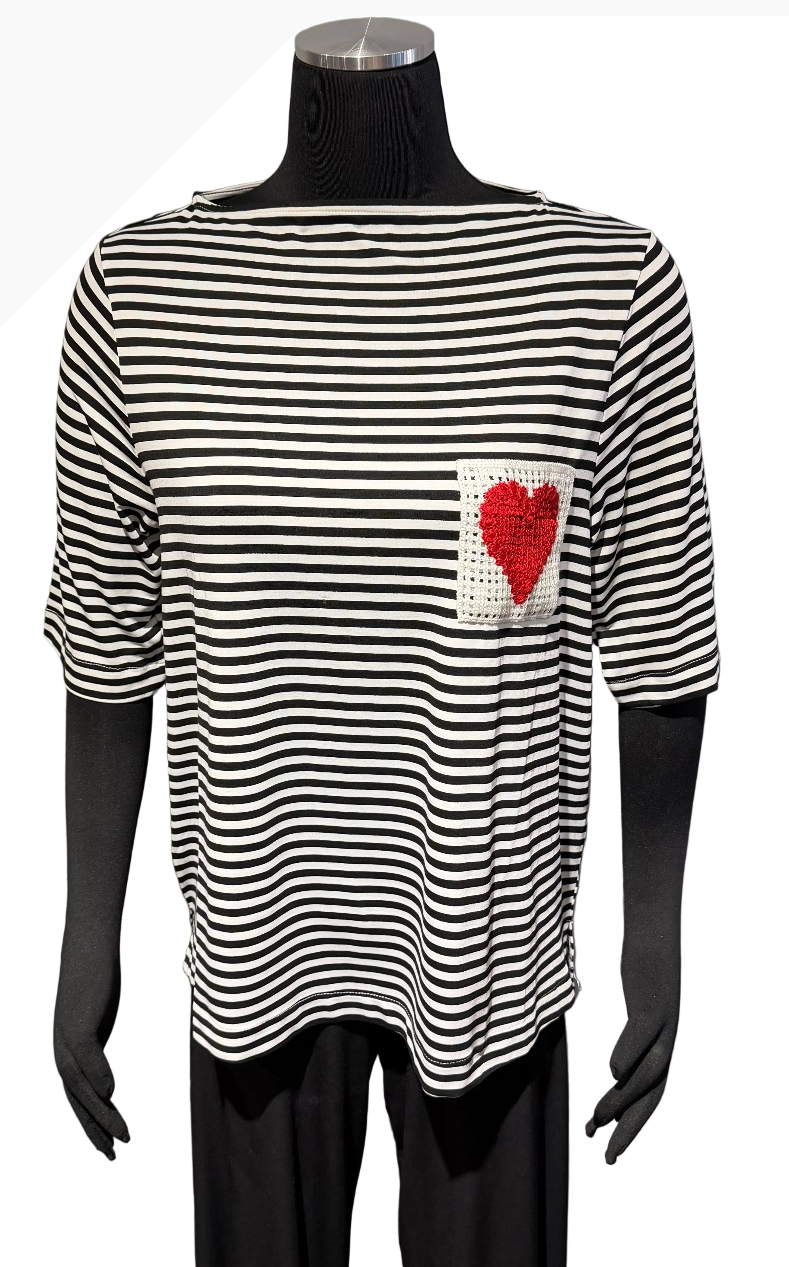 Terra T5608HT HEART Black and White Striped 3/4 sleeve Top With Knit Heart Appliqué