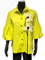 Terra T4663KW KIWI Button Front Standup Collar Blouse With Floral Appliqué