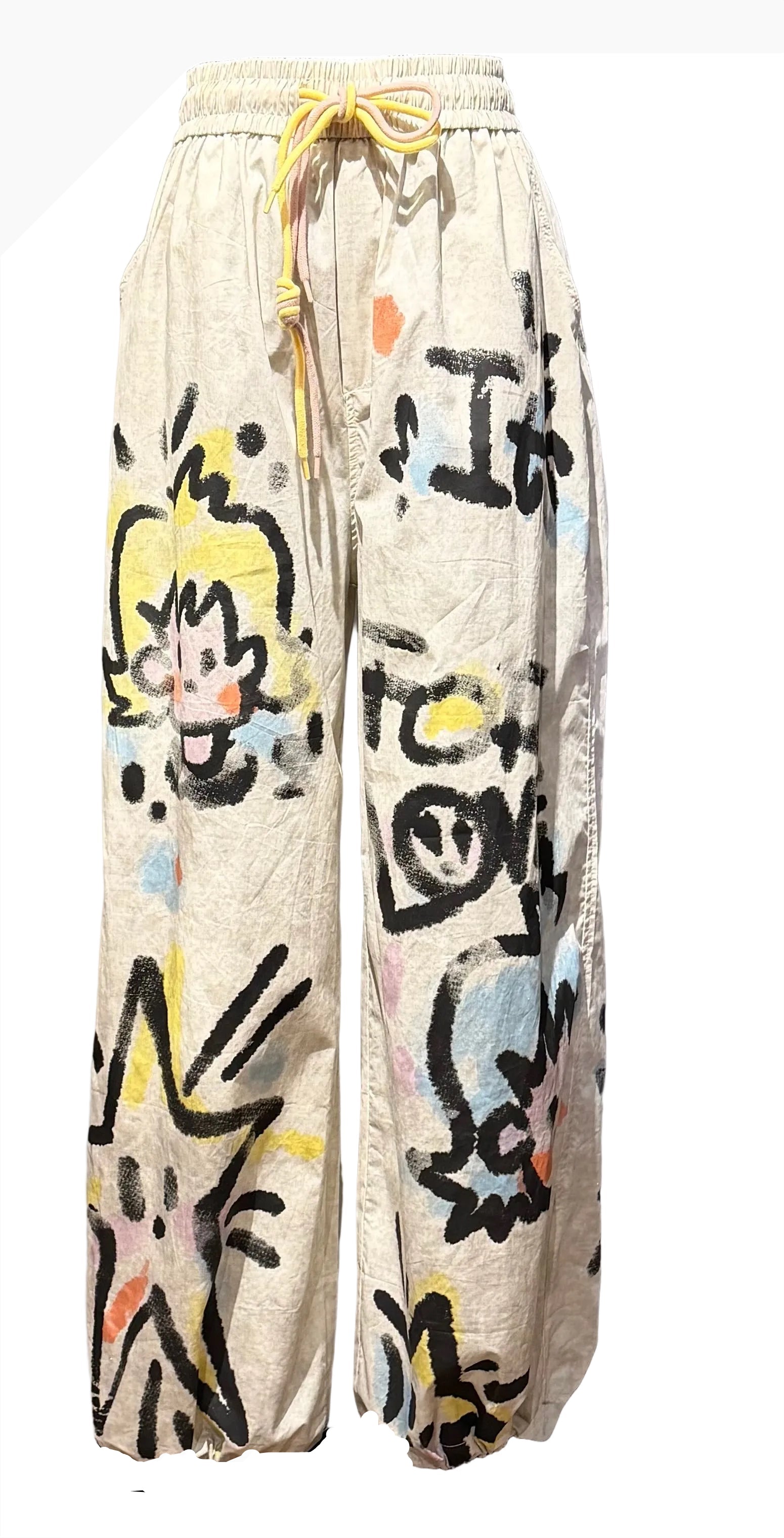Terra T2627IV IVORY One Size 100% Cotton Pull On Wide Leg Pants In Colorful Graffiti Art Pattern