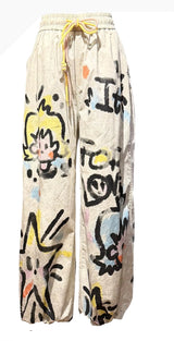 Terra T2627IV IVORY One Size 100% Cotton Pull On Wide Leg Pants In Colorful Graffiti Art Pattern