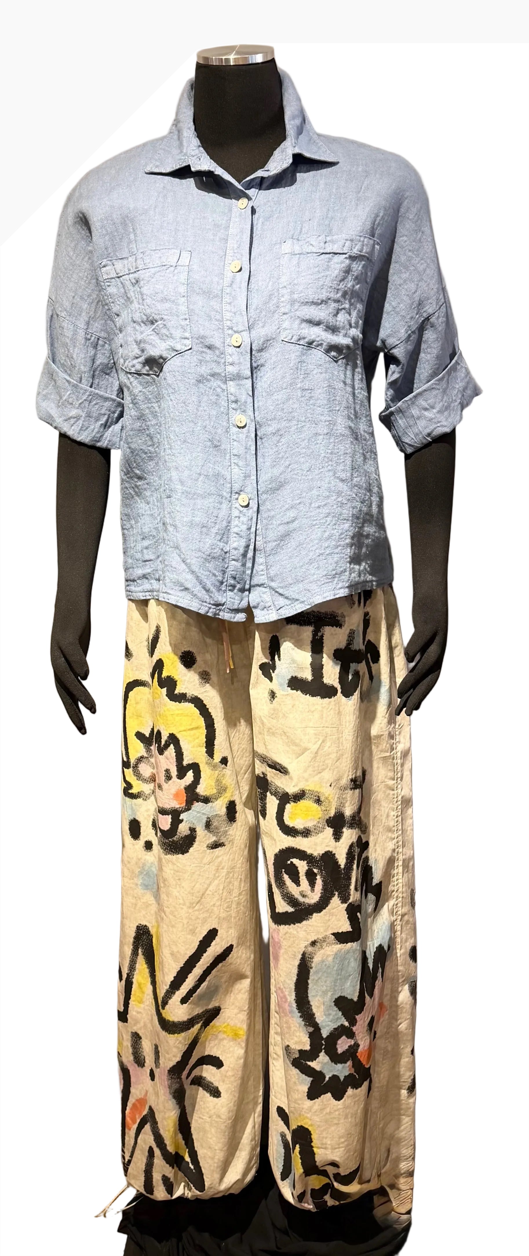 Terra T2627IV IVORY One Size 100% Cotton Pull On Wide Leg Pants In Colorful Graffiti Art Pattern
